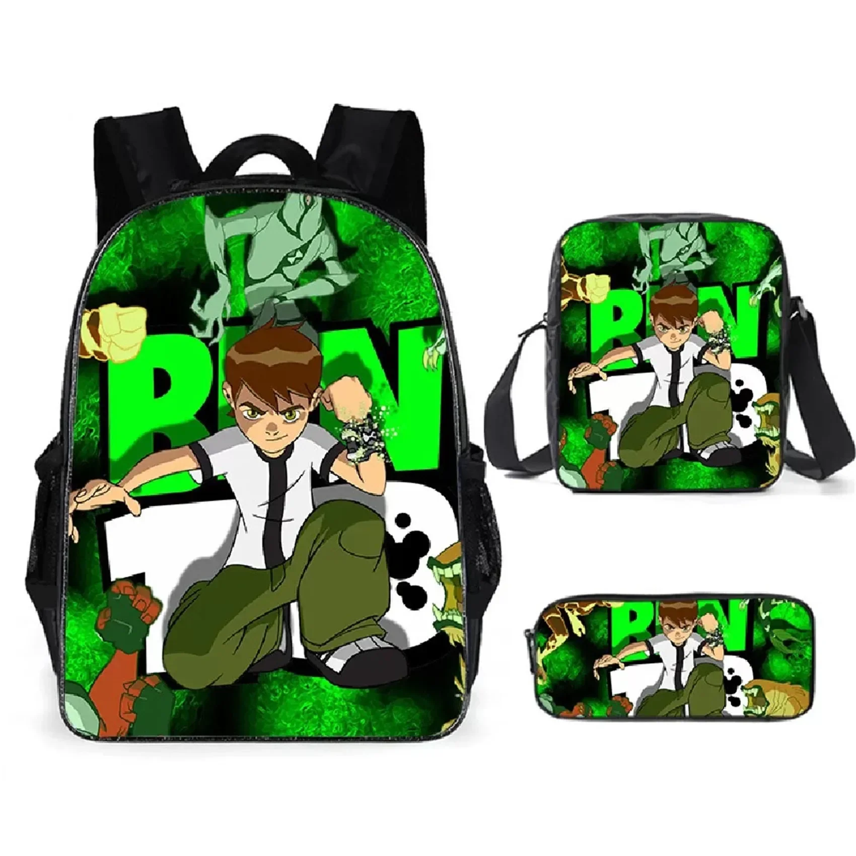 Lightweight Ben 10 Backpack with Single Shoulder Bag+Pencil Case 3Pcs Set,Back to School Student 3 in 1 Book Bag Set 1