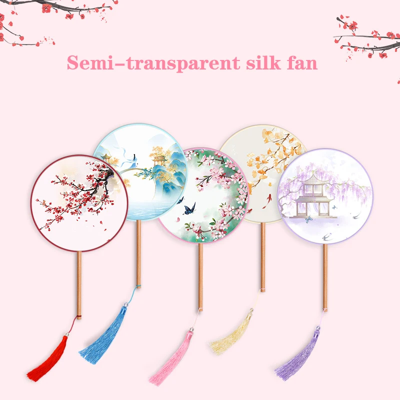 Chinese Round Hand Fan Vintage Printing Silk Fan Ancient Tassel Dance Hand Cheongsam Tang Suit Wedding Party Accessories hand fan silk fans