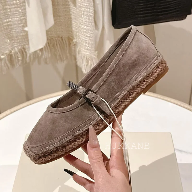 נעלי חוט סוודה עם קישוט חרוזים לנשים, קדמה עגולה, פה שטוח, עיצוב אבזם, נעלי לופרים עצלים לחופשת האביב והסתיו