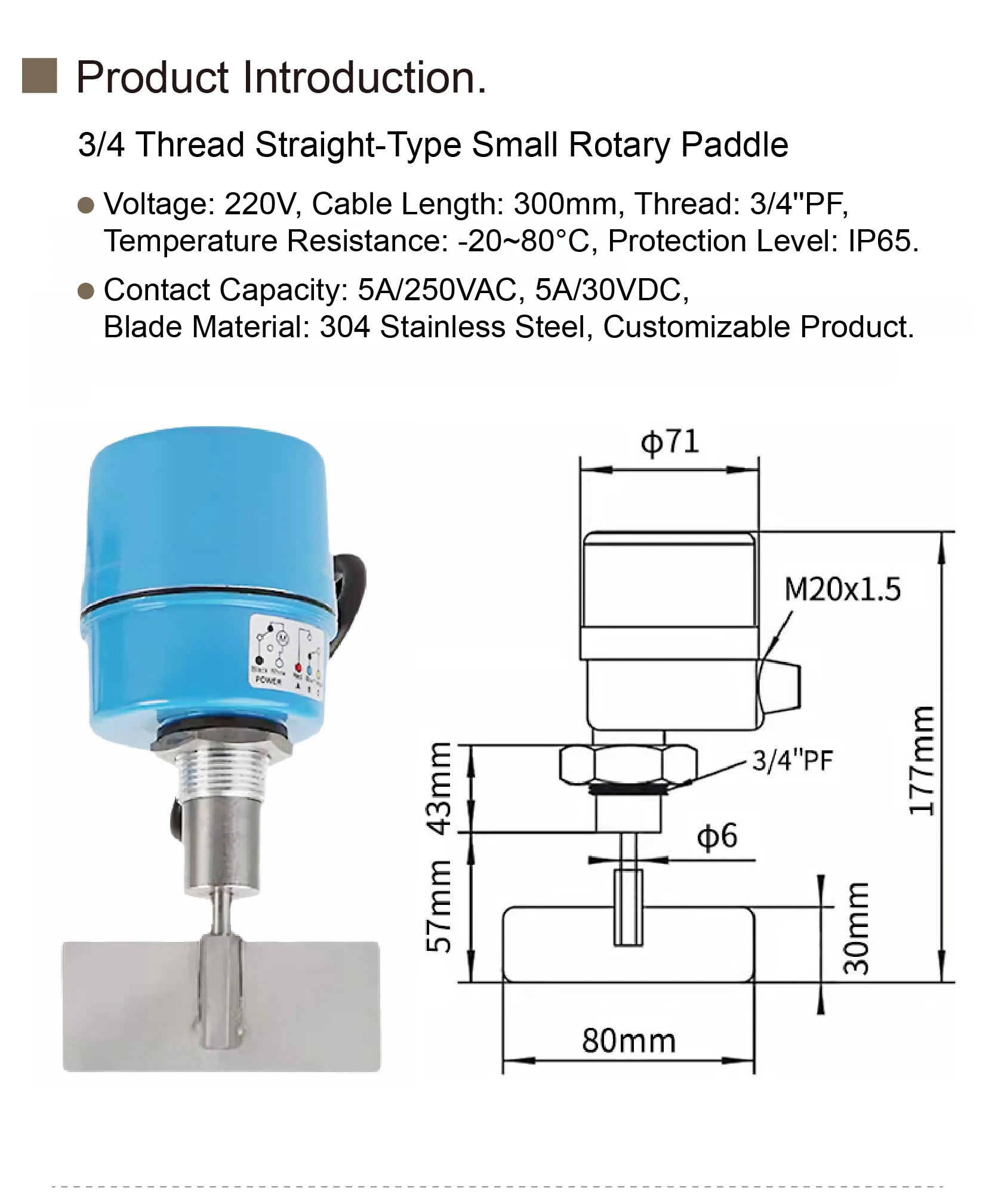 Rotary Paddle Level Switch High Temperature SS304 Thread Flange Mount Bulk Silo