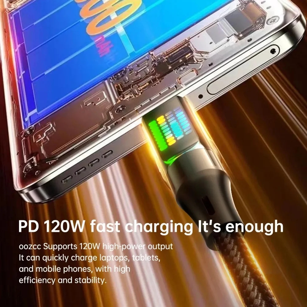 1/2m 120W USB to Type C Fast Charging Data Cable 6A Type C To Type C Nylon Data Cords  With Led Display USB C Black Cords