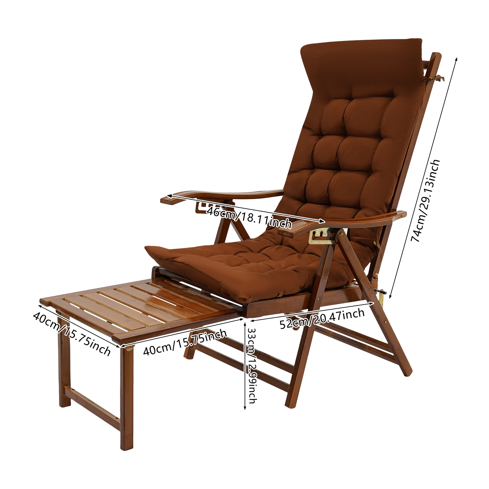 Bamboo Lounge Chair, Folding Reclining Chair with Adjustable Backrest, Folding Extended Lounge Chair with Cushion Patio Bedroom