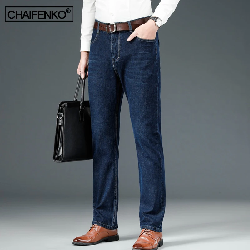

Men's Blue Classic Vintage Jeans Men Cotton Slim Fit Mid Waist Straight Trousers Men High Quality Business Boss Denim Pants Mens