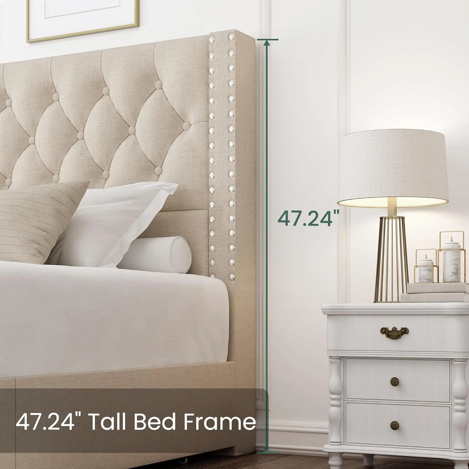 King Size Platform Bed Frame with 4 Storage Drawers and Headboard Linen Upholstered Bed Frame Tufted Beds , Beige 6