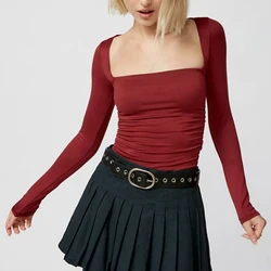 Y2k Women's Crop Tops Short T-Shirts Solid Color Square Neck Long Sleeve Slim Fit Top Tees Spring Autumn Streetwear Harajuku
