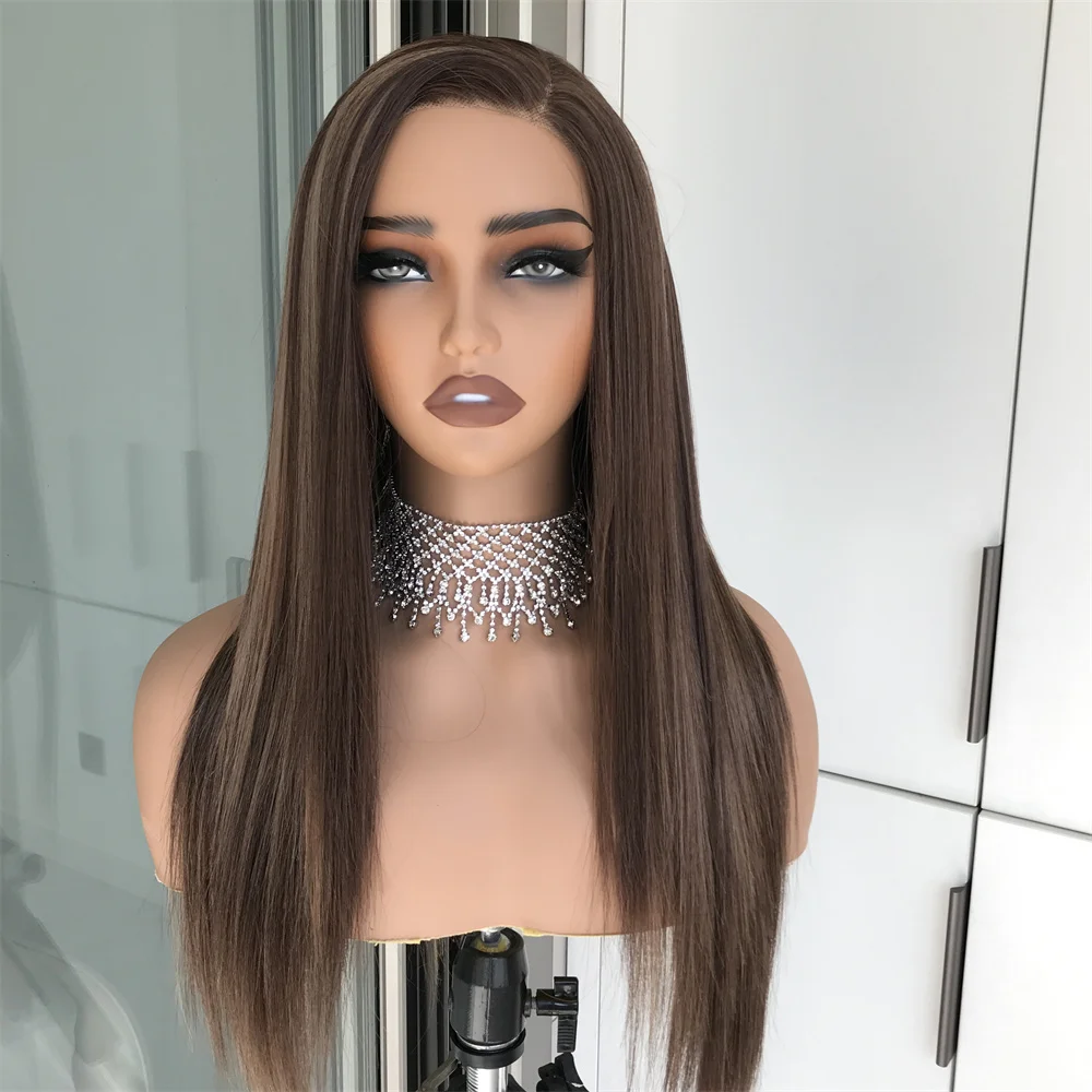 Brown Mix Blonde Highlight Long Straight Wear and Go Glueless Synthetic Lace Wigs Side Part 22inch Daily Use