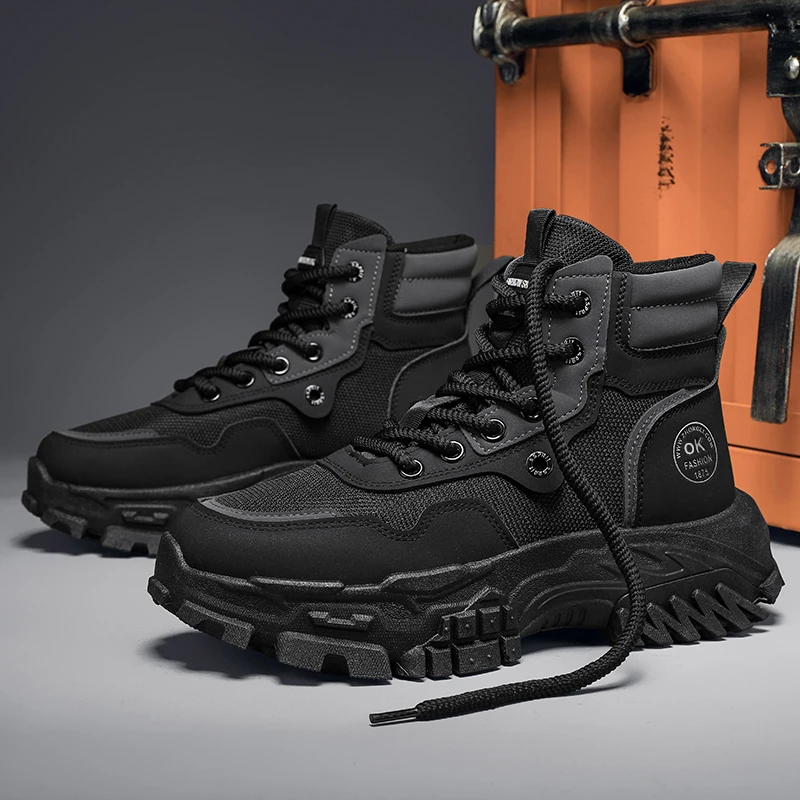 Mens Boots Leather Shoes Platform Boots for Men Outdoor Sneakers Motorcycle Ankle Boots Male Work Boot Casual Hiking Shoes - 4