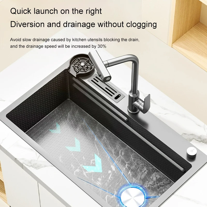 Rotating Waterfall Kitchen Sink Stainless Steel Large Single Slot Embossed Household Washbasin For Kitchen Accessories