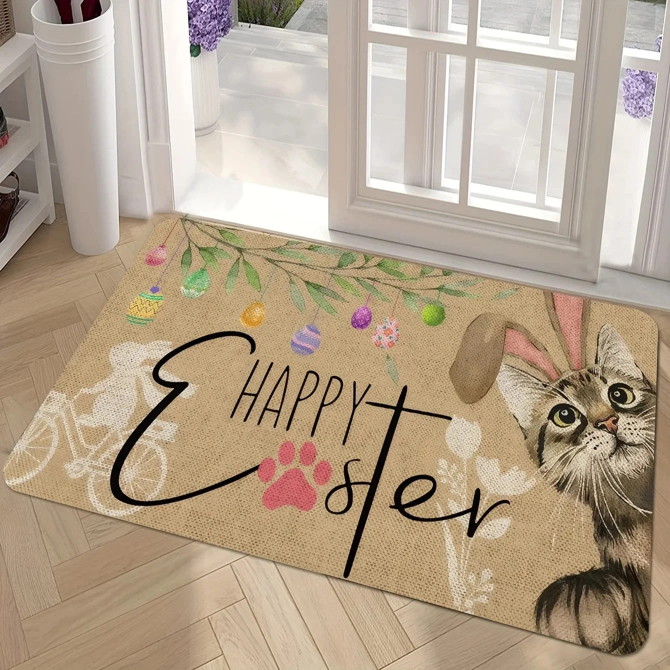 Felice Pasqua Coniglio Butt Tappeto Tappetino - Uova colorate Carote Erba Fiori Decorazione della casa Tappetino festivo Tappetino di benvenuto