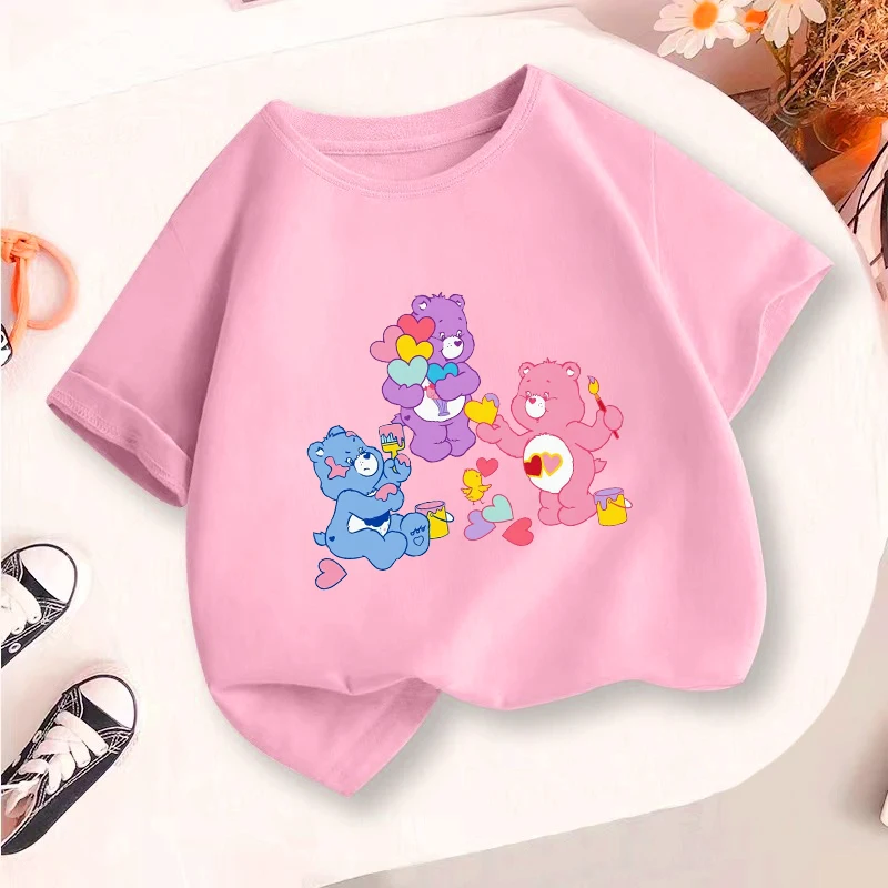 Хлопковая футболка Carebearss для девочек, летние новые футболки с аниме маленьким медведем, Детские Модные кавайные топы, детская одежда с коротким рукавом в подарок