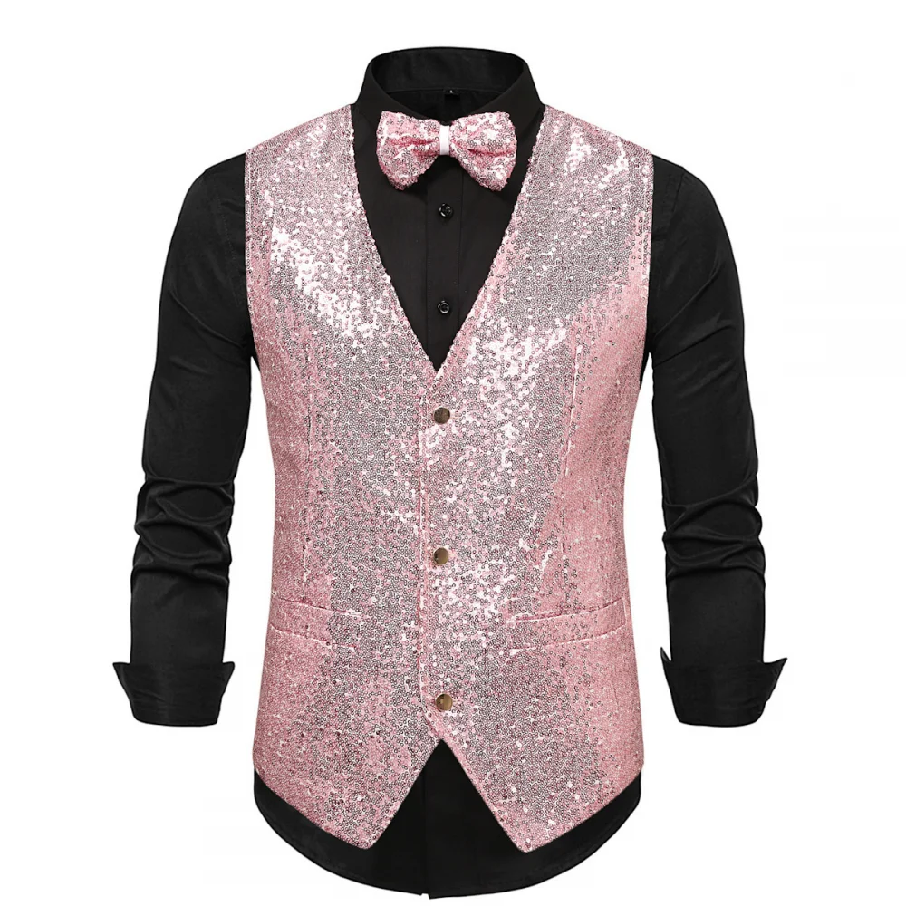 thumbnail image 1 of Chaleco de lentejuelas para hombre con pajarita, traje ajustado para boda, fiesta de graduación, chaqueta sin mangas con cuello en V, chaleco para fiesta de graduación, 1 of 5