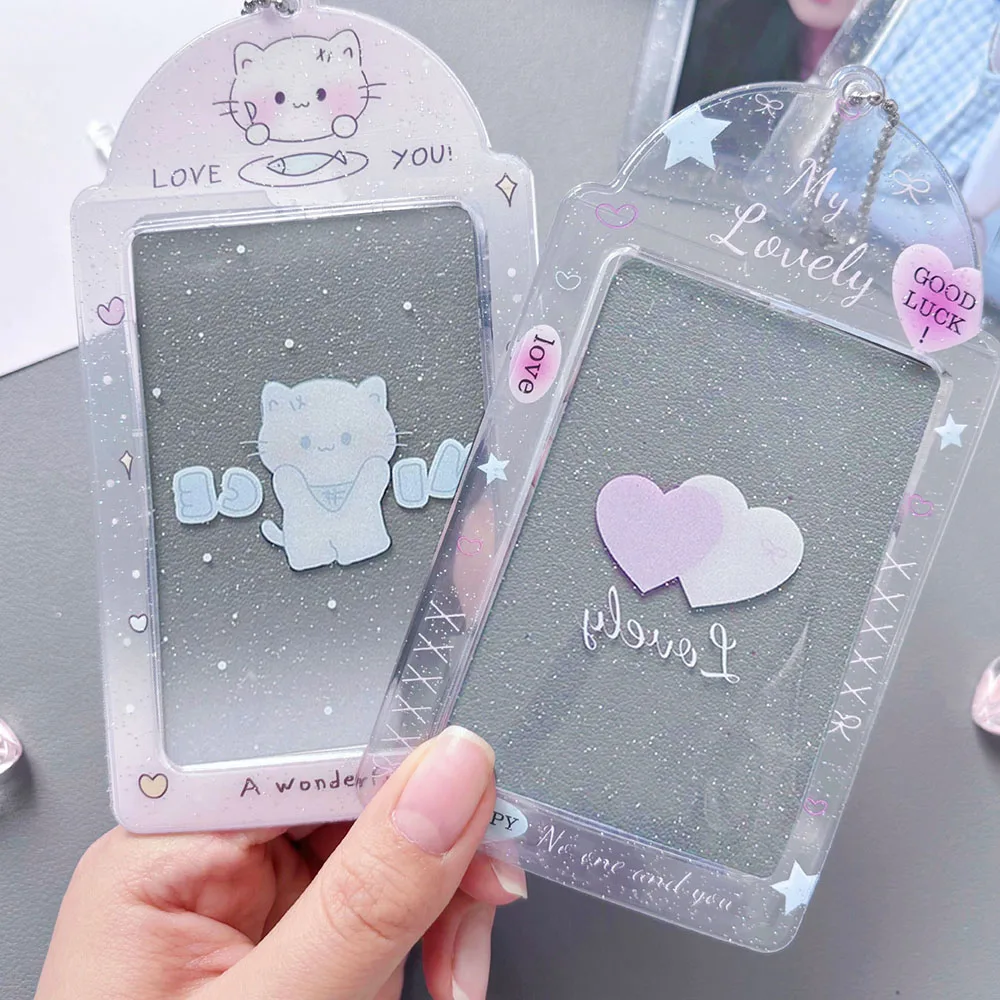 

Прозрачная блестящая сумка для хранения карт, фотографий, брелок, мультяшная кошка, сумки для карт, органайзер для хранения карт, канцелярские принадлежности