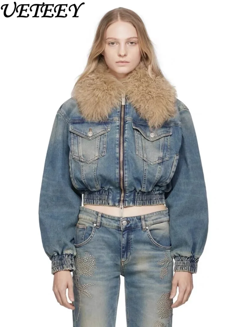 

All-matching Zipper Denim Coat Female Short Autumn and Winter Retro Design Fur Collar Stitching Denim Quilted Jean Jacket