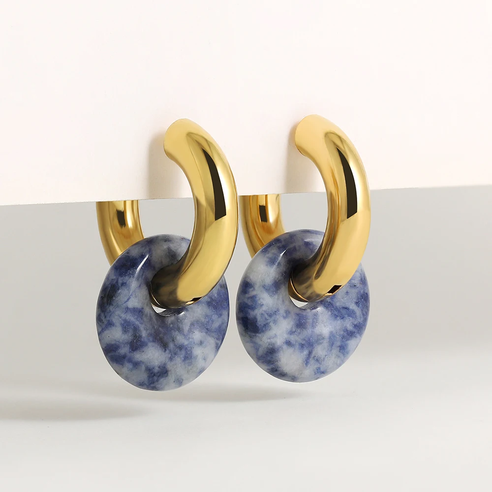 Bohemian Multicolour Natural Stone Chunky Circle Hoop Earrings Women Pink Crystal Gold Color Piercing Ear Buckle Punk Jewelry