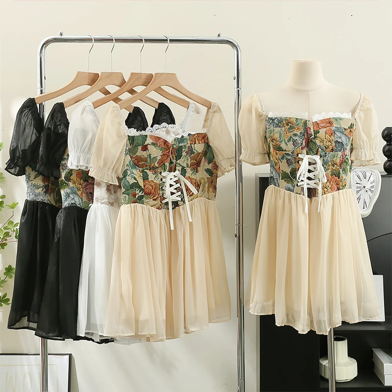 

Sexy Print Puff Sleeve Square Neck Dress Chic Elegant Vestidos Vintage Autumn Women Fashion A-line Dress
