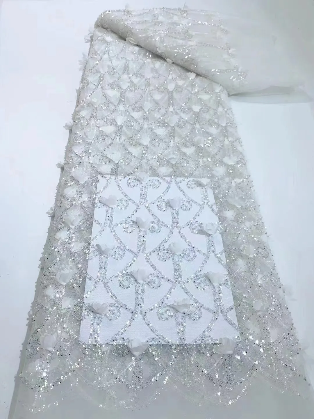 

Luxury African Beads Lace 2024High Quality 5 Yards Nigerian 3D Flowers Sequins French Tulle Lace Fabric For Wedding Party Dress