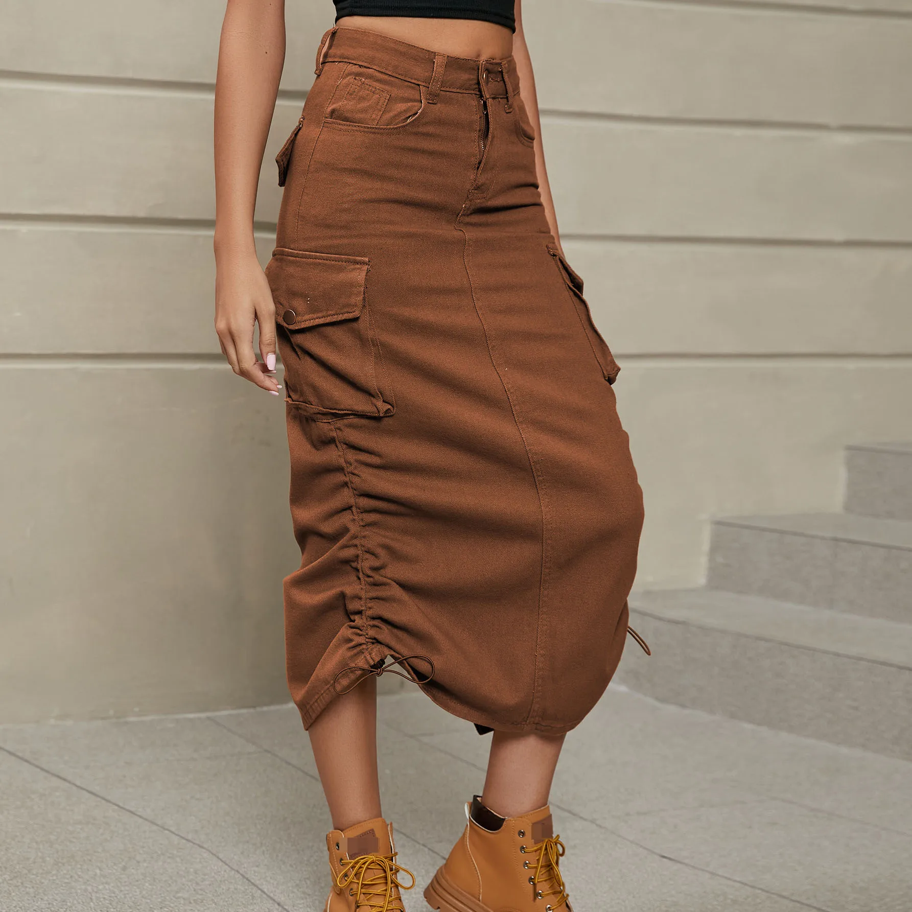 Women's Half Skirt New Fashion Work Casual Mid-length Half Skirt Trendy Street Style Retro Pocket Half Skirt