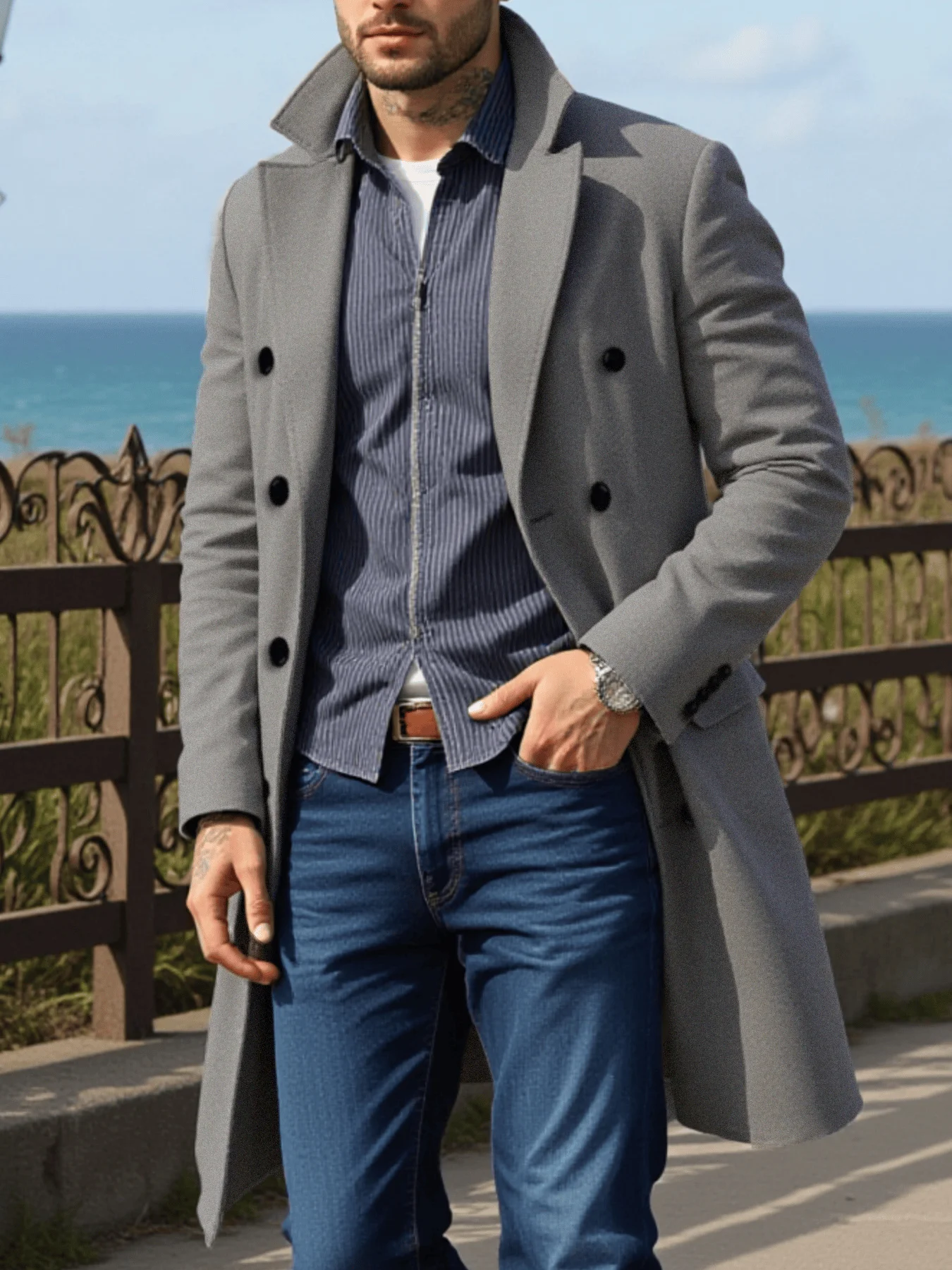 معطف رجالي ملابس الشارع معاطف صوفية مزدوجة الصدر ب...