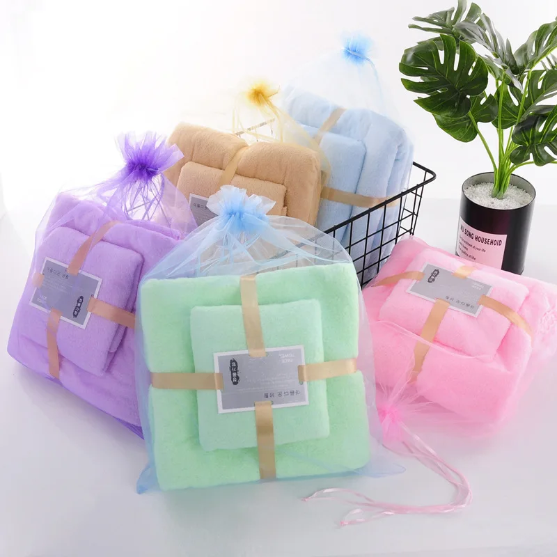 2pcs Random Towel Set Super Soft High Absorbent Microfiber Plush Face Bath/Beach Towels Home Bathroom Solid Shower Towel Set