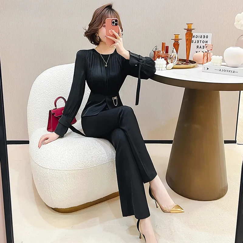 

qp 100 High quality women's set temperament goddess fan set 2024 new women's chiffon slimming shirt+flared suit pants 2PC