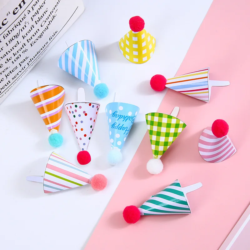 Mini-Kuchenhüte, alles Gute zum Geburtstag, Kuchendeckel, Filzkugel, konische Kappe, Cupcake-Topper, Geburtstagsfeier, Babyparty, Dessert-Dekoration