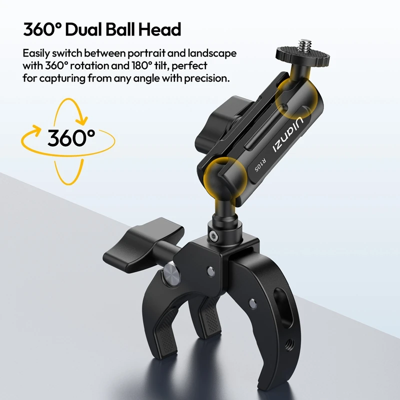 Ulanzi R105 Bicycle Rail Mount Clamp 360° Adjustable Knob with 1/4" Mount for Insta360 Action Camera Monitor Photography Light