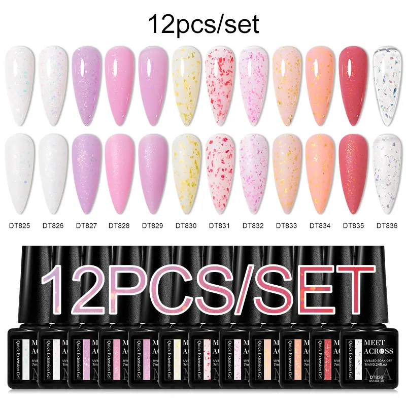 MEET ACROSS 12PCS/SET Quick Extension Gel For Nails Gold Pink Red Foils Semi Permanent Nail Art Gel Varnishes Manicure Kits 3