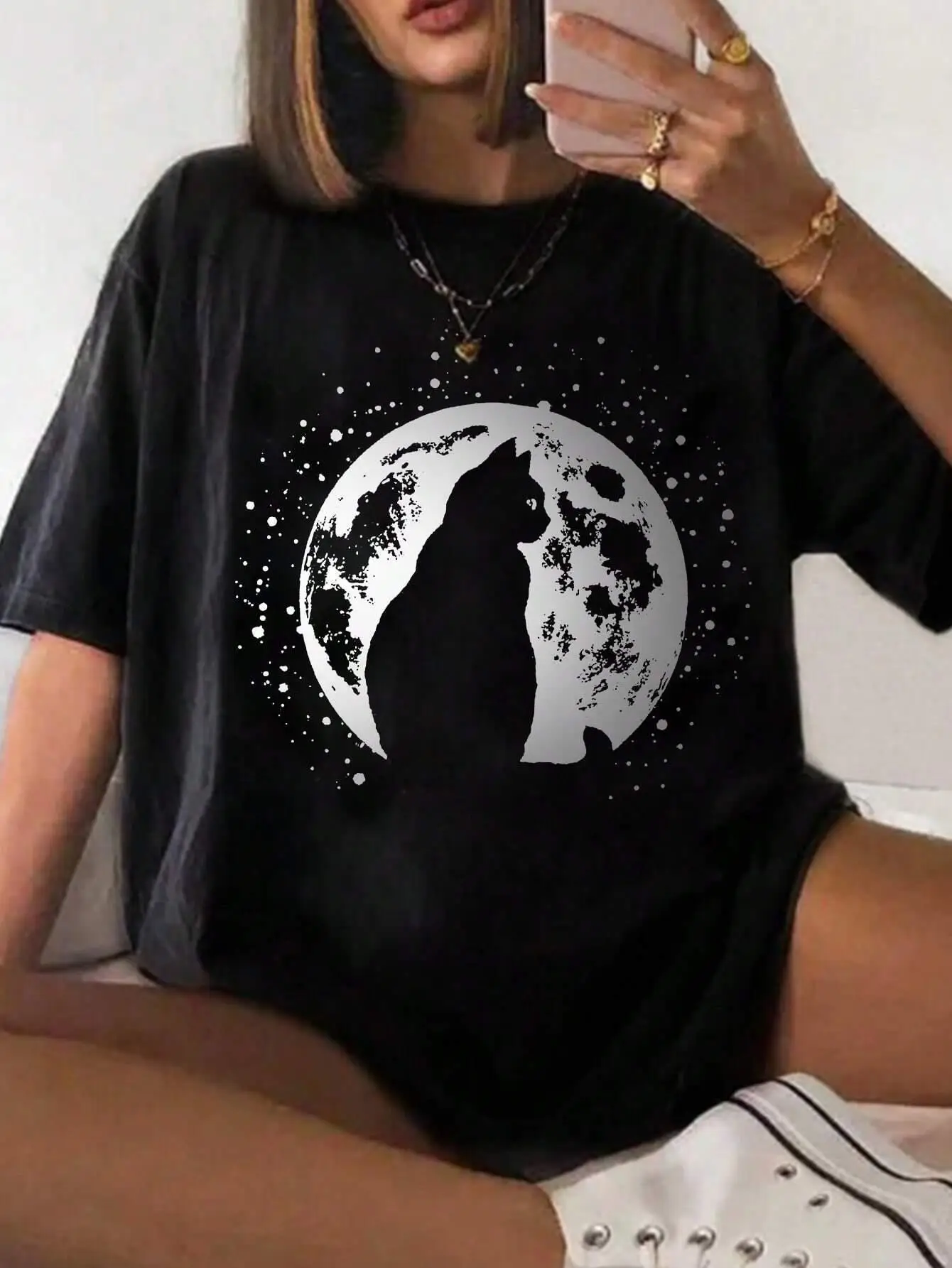 100% Baumwolle Frauen T-shirt Mond und Katze Silhouetten Gedruckt T-shirt Sommer Bequeme Lose Tops Street Fashion Weibliche Kleidung