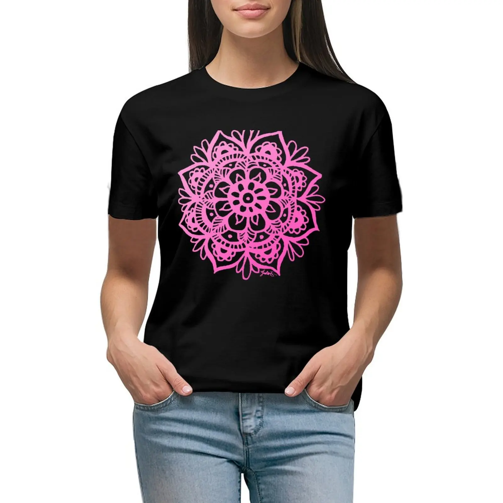 

Bright Pink Mandala Flower T-Shirt female aesthetic clothes vintage spring clothes Women 2024