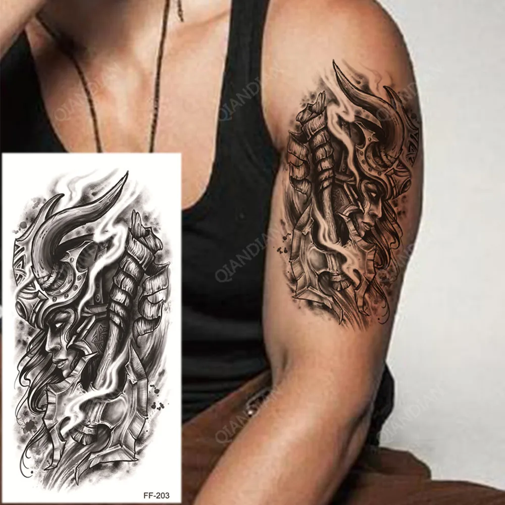 Wasserdichter temporärer Tattoo-Aufkleber, Löwe, Krieger, Trichter, Mann,  halber Arm, Kunst, Hipster, Wald, Schwarz, Transfer, waschbar, cooles Totem  - AliExpress, image size:1000x1000