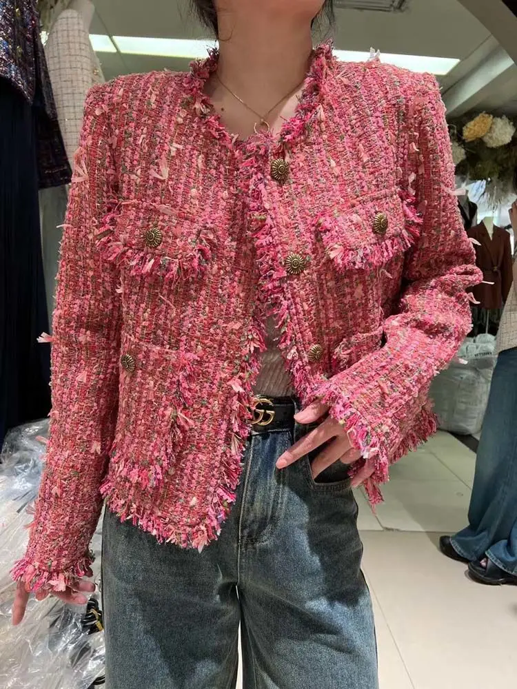 High Quality Elegant Down Inner Liner Lady Tweeds Jackets New Autumn Winter Single-breasted Long Sleeve Women Down Coats Pink