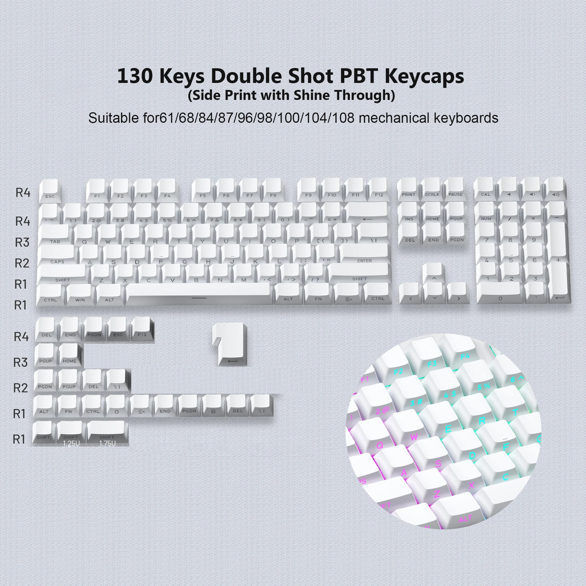 Gradient Green Shine Through Keycaps - PBT Double Shot Side Printed, OEM Profile for Gaming Keyboards (135 Keys)
