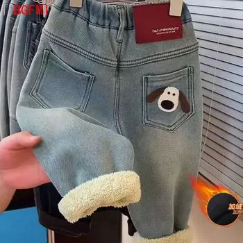 2025 New Boys Leisure Jeans Winter Children Patch Thermal Cotton-padded Trousers Kids Thicken Plus Velvet Denim Pants 2-9Yrs 1