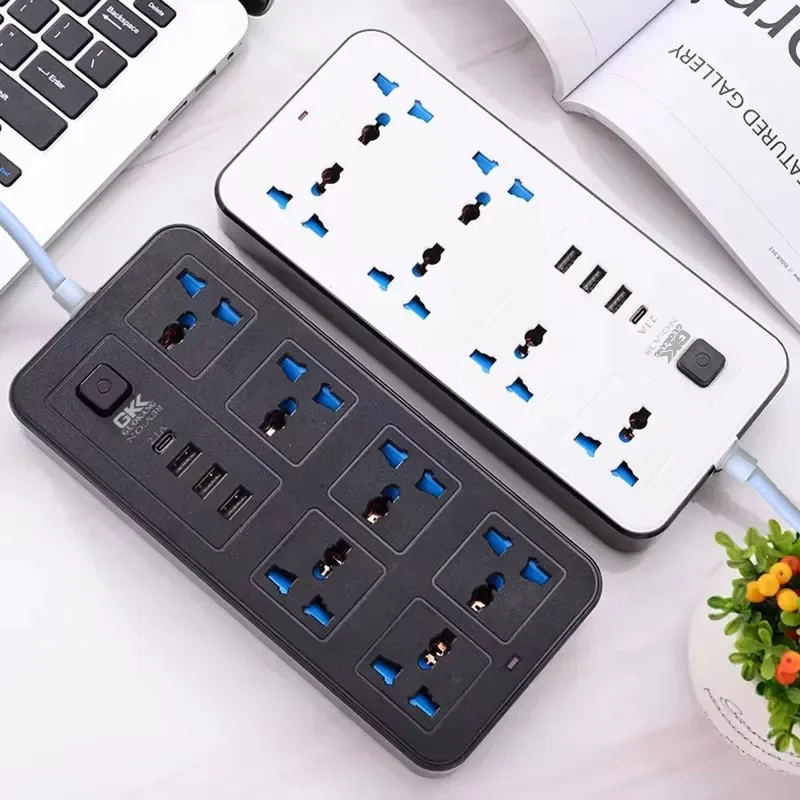المملكة المتحدة الاتحاد الأوروبي الولايات المتحدة التوصيل قطاع الطاقة مقبس متعدد الاتصال مع 3 USB 1 نوع-C ميناء تهمة منفذ كهربائي عالمي 1.8 متر تمديد الحبل