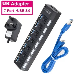7 - Port USB 3.0 Hub with Power Adapter and Individual Switches (7 Ports UK)