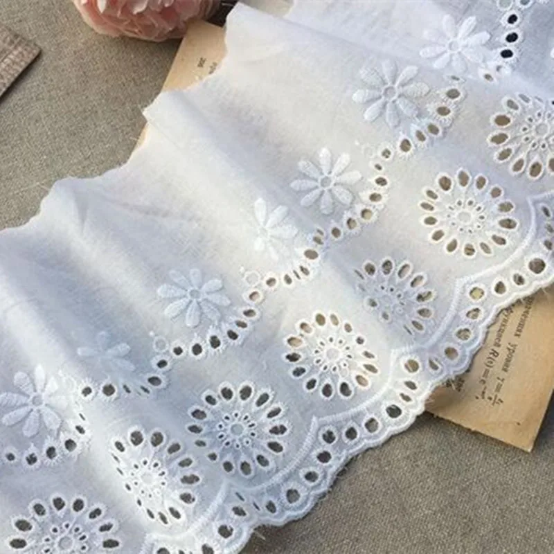14cm Wide HOT Cotton Embroidered White Flower Lace Fabric Dubai Sewing DIY Trim Applique Ribbon Collar Wedding Guipure Decor