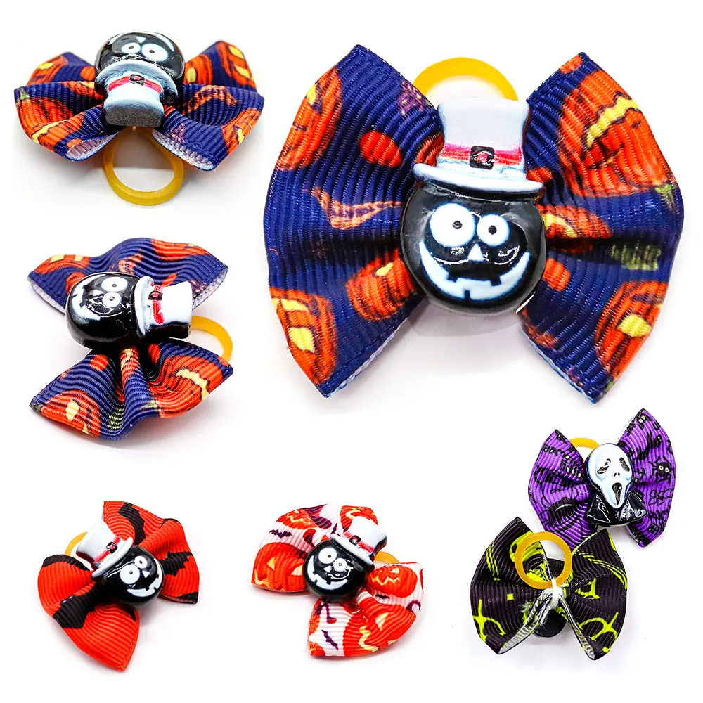 

10/20PCS Pet Dog Hair Bows Dog Bowknot With Rubber Bands Pumpkin Print Pet Supplies For Small Dog Halloween Dog Accessories