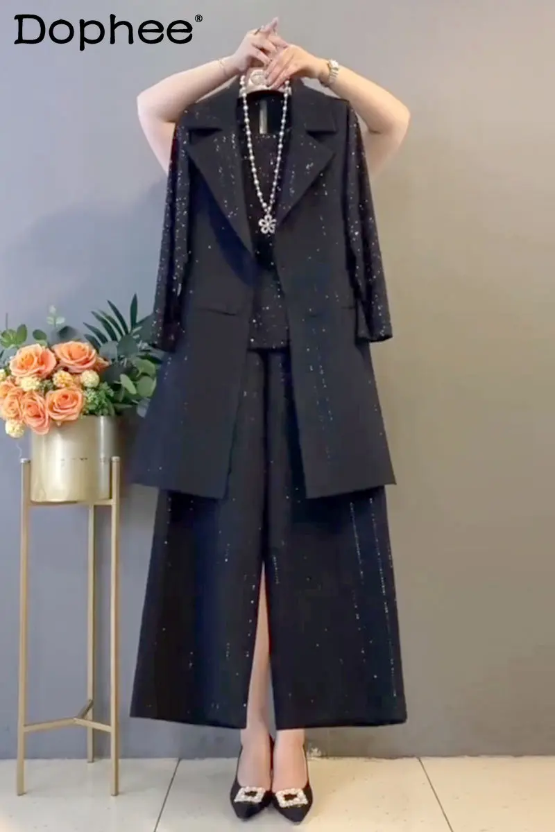 

2023 Spring New Women Suit Exquisite Rhinestone Top Black Suit Vest Loose Wide Leg Pants Oversize Slimming Black Three-Piece Set
