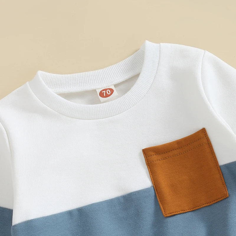 -05-19 Lioraitiin 0-3T Toddler Boys Fall Outfits Contrast Color Pocket Long Sleeve Sweatshirts Solid Long Pants Clothes Set
