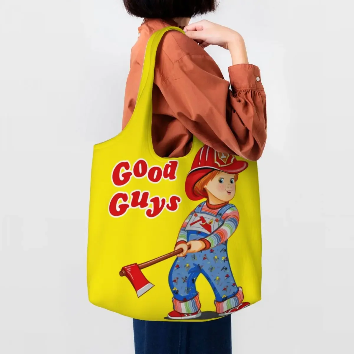 

Reusable Good Guys Fireman Shopping Bag Women Canvas Shoulder Tote Bag Washable Child's Play Chucky Grocery Shopper Bags Handbag