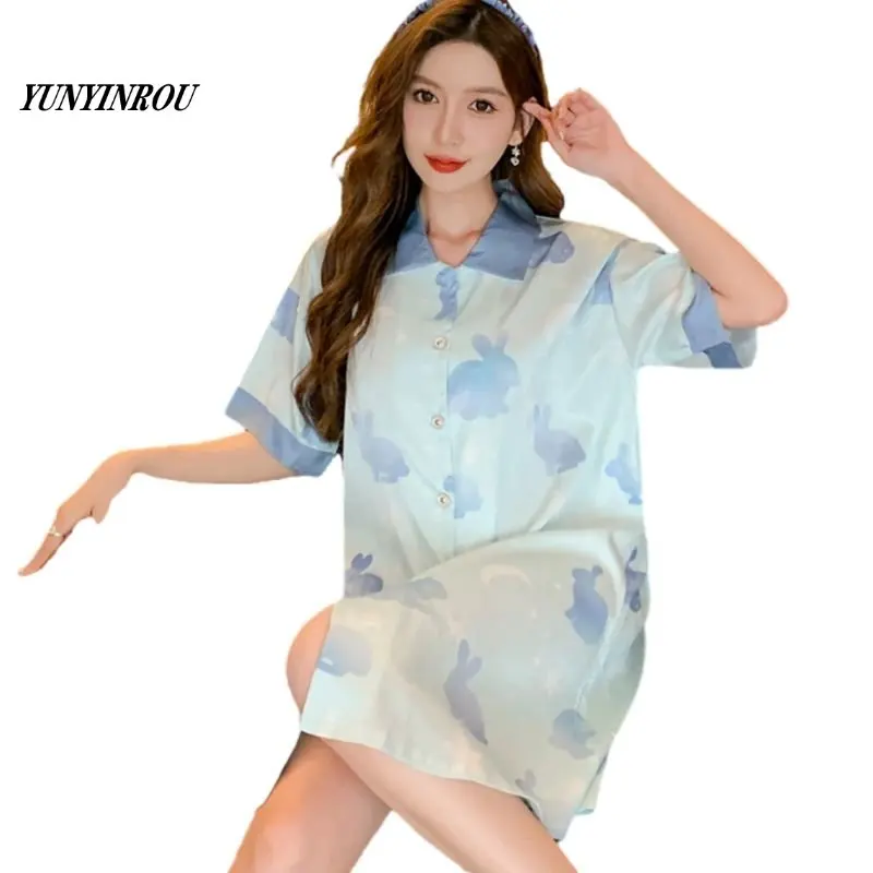 

Женская атласная ночная рубашка, Элегантная ночная сорочка из искусственного шелка с отложным воротником, ночная рубашка, Домашняя мода, весна-лето