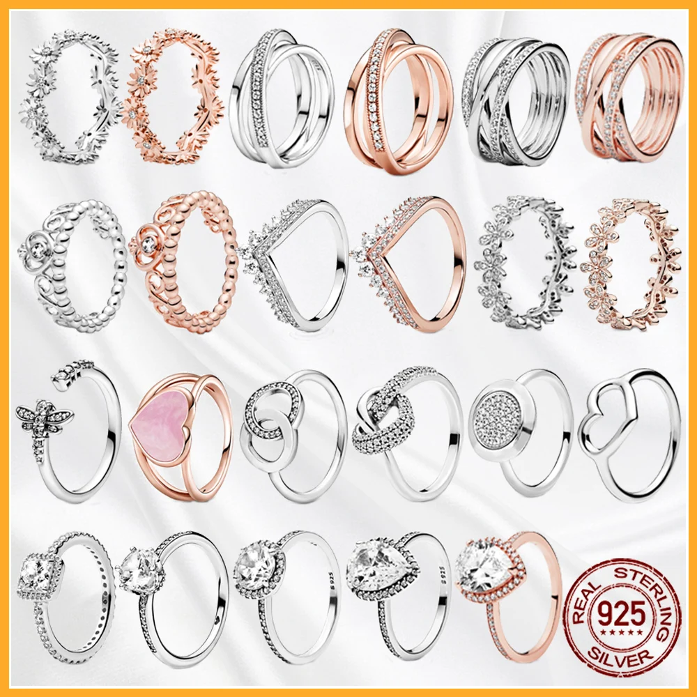 

Authentic 925 Sterling Silver Stackable Heart Daisy Flower Sparkling Ring For Women Original 925 Silver Rings Jewelry Gift