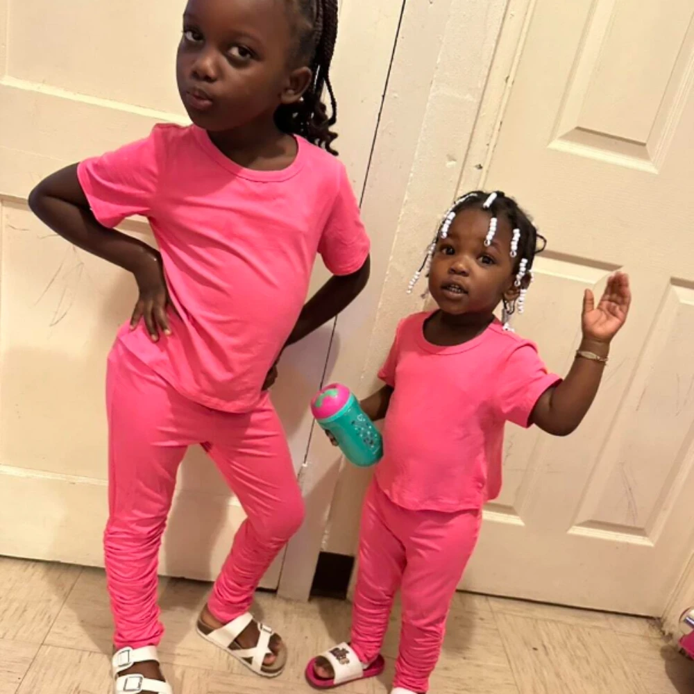

Children Traksuits Summer Toddler Girl Solid Tees Long Pants 2pcs Casual Clothes Sets Short Sleeve T-shirts Trousers Outfits