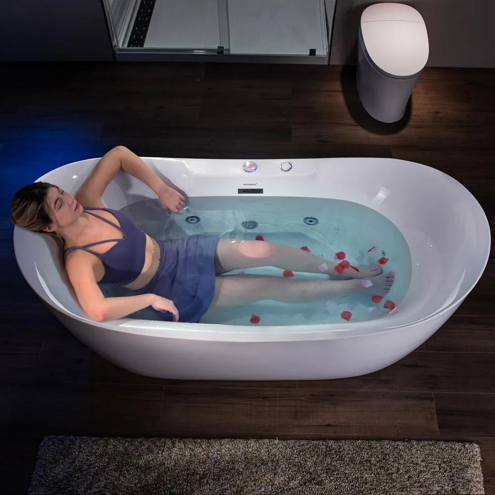 72" Freestanding Bathtub with Whirlpool Water Jetted and Air Bubble，Heated Soaking Combination Bathtub with LED Control Panel 6