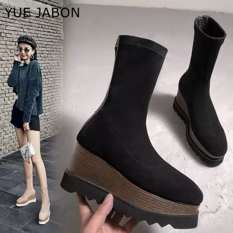Stretch Suede Western Cowgirl Boots Back Zipper Cowboy Ankle Boots for Women High Platform Short Casual Shoes platform boots winter boots ankle boots women high heeled boots