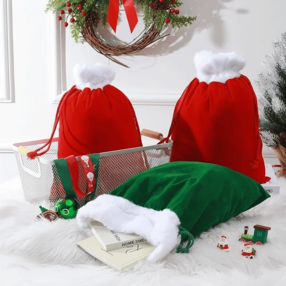 White Furry Trim Christmas Gift Bag Reusable Drawstring Holiday Bag