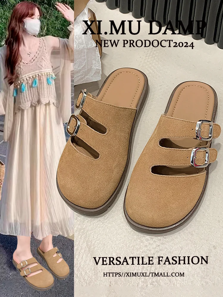 

Женские шлепанцы большого размера, женские тапочки с закрытым носком, женские шлепанцы из 2024 кожи с микрофиброй и резиновой пряжкой