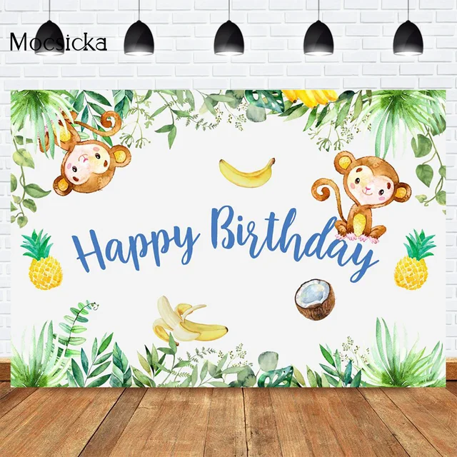 Mocsicka CUSTOM Rainforest Animals Wild One Backdrops Children Happy Birthday Party Photography Background Cake Table Banner 40