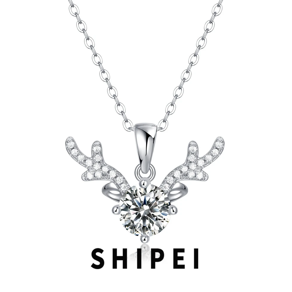 

SHIPEI 1CT D Moissanite Diamond Gemstone Fine Jewelry For Women 100% 925 Sterling Silver Sparkling Antlers Necklace Pendant Gift