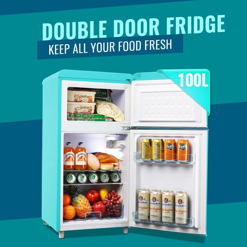 New 3.5 Cu.Ft Retro Mini Fridge Two Doors for Home Dorm College Office Freestanding Blue Refrigerator
